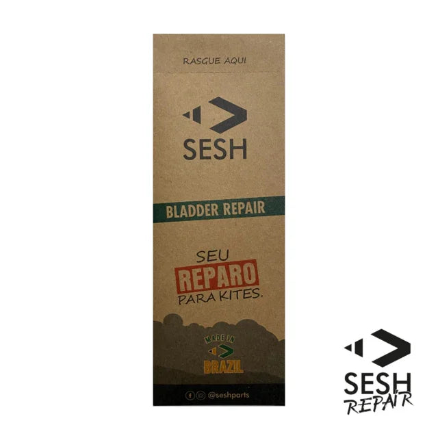 Embalagem Sesh Bladder Repair para kitesurf, reparo de kite, destaque para marca e selo Made in Brazil.