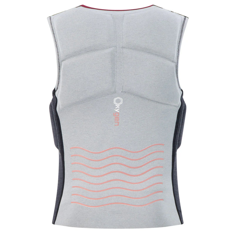 Colete cinza de neoprene para kitesurf com detalhes vermelhos, visto de costas, Orca Sports
