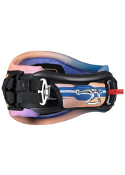 Cinturão de kitesurf colorido com fivela metálica e detalhe de puxador vermelho, Orca Sports.