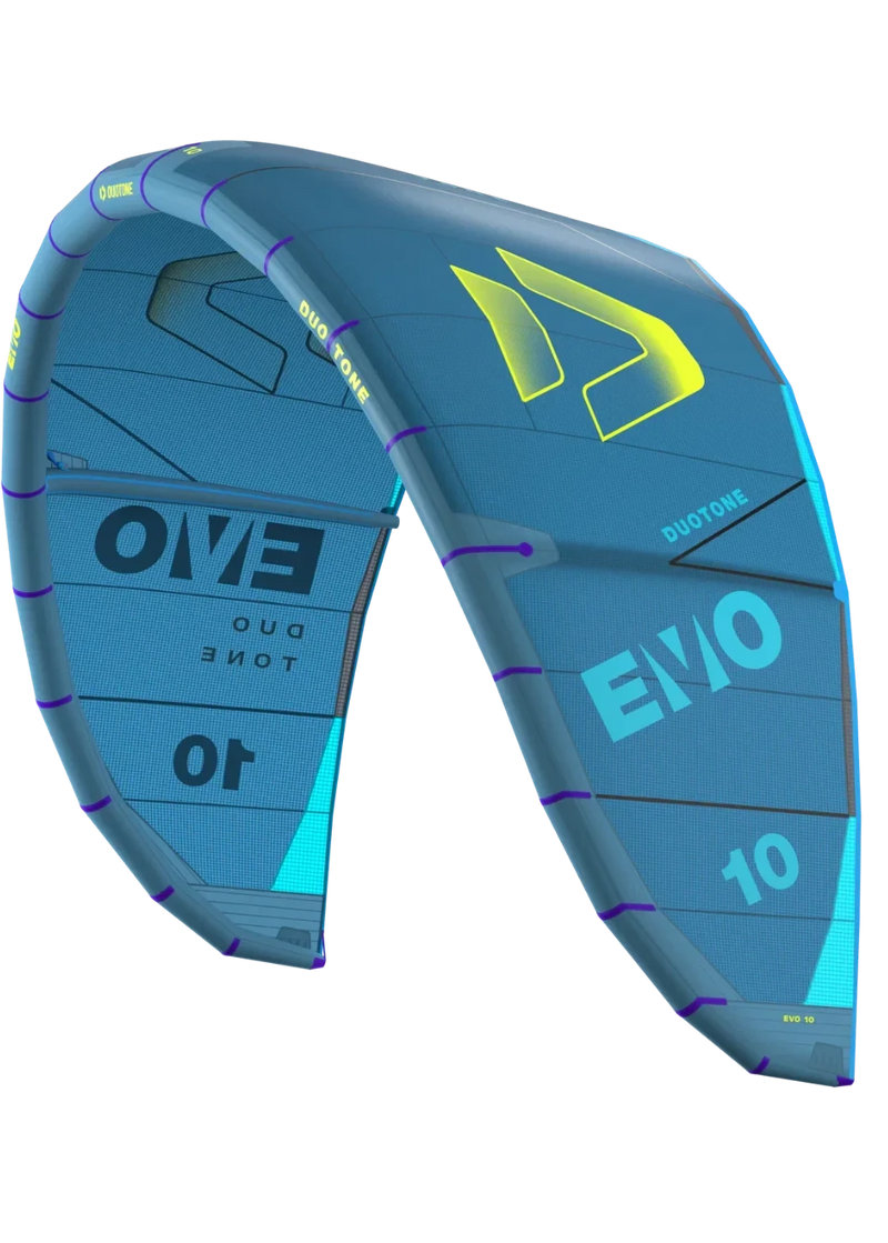 Pipa de kitesurf Duotone EVO azul com detalhes em amarelo, produto Orca Sports.