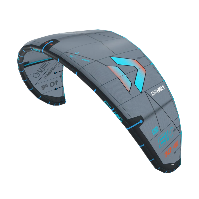 Pipa de kitesurf Duotone cinza com detalhes azuis, modelo EVO SLS 10m, Orca Sports