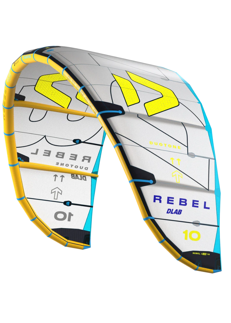 Pipa de kitesurf Duotone Rebel DLAB 10, branca com detalhes amarelos e azuis, vendida na Orca Sports.
