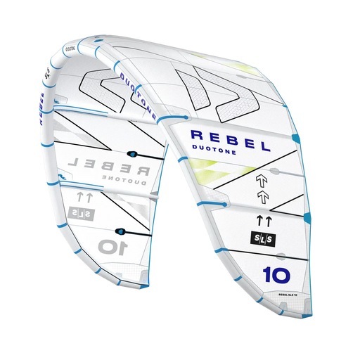 Pipa de kitesurf Duotone Rebel SLS branca com detalhes azuis, kite Orca Sports.