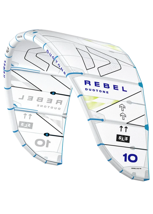Pipa de kitesurf Duotone Rebel SLS branca com detalhes azuis, kite Orca Sports.