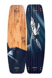 Prancha de kitesurf Lieuwe Shotgun com design de madeira e ilustração de tubarão, Orca Sports