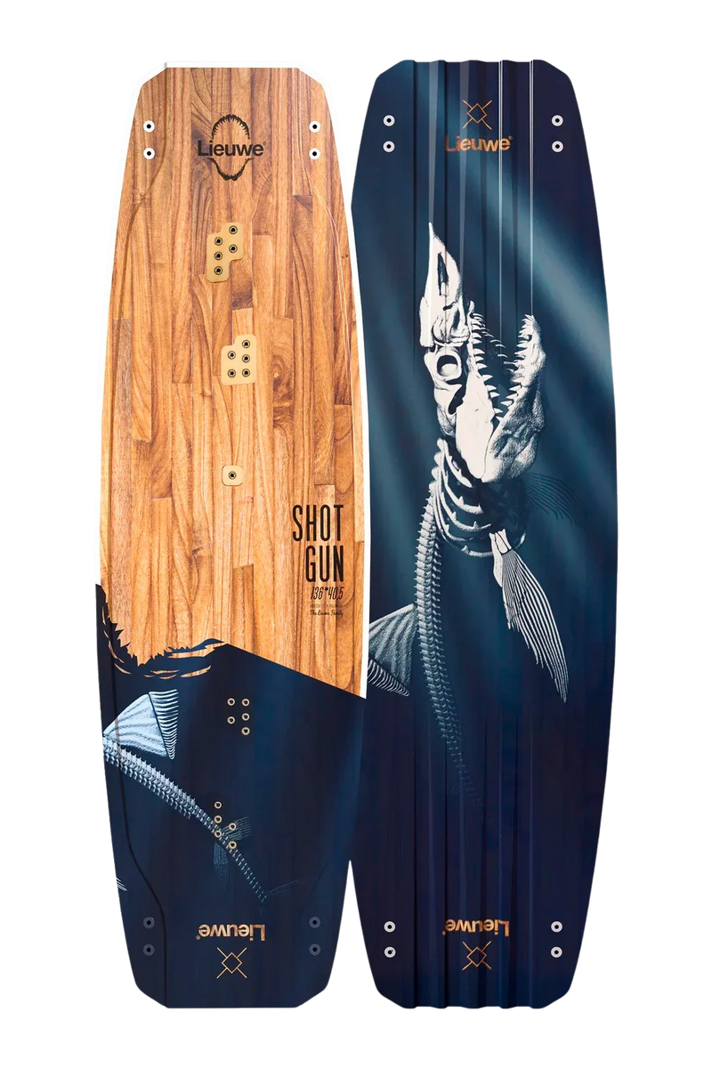 Prancha de kitesurf Lieuwe Shotgun com design de madeira e ilustração de tubarão, Orca Sports