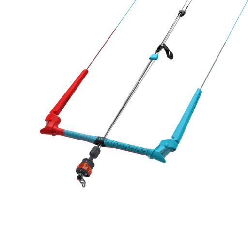 Barra de controle para kitesurf Duotone azul e vermelha em fundo preto na Orca Sports