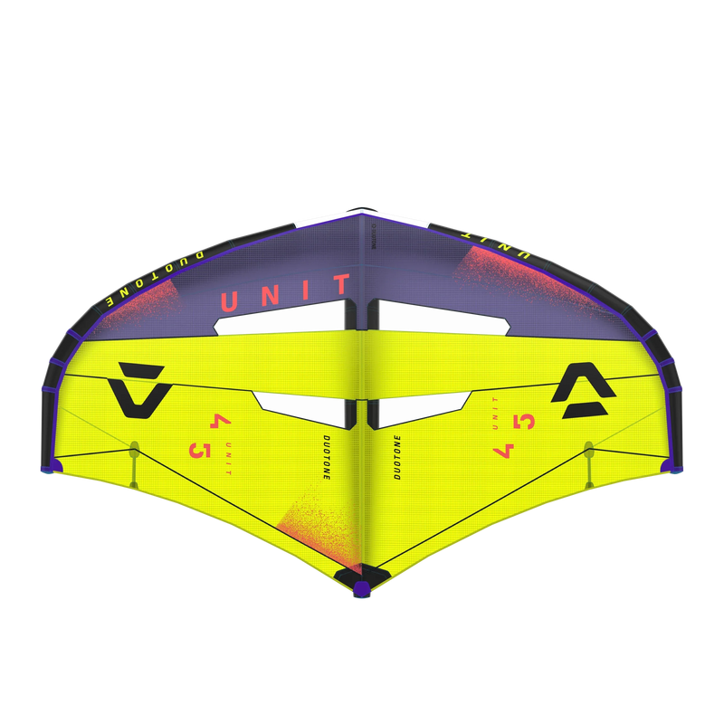 Vela de wing foil Duotone Unit 4.5 amarela e roxa, vista frontal, Orca Sports kitesurf.