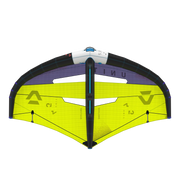 Asa wing para kitesurf Orca Sports amarela e preta vista de trás, equipamento de esportes aquáticos.