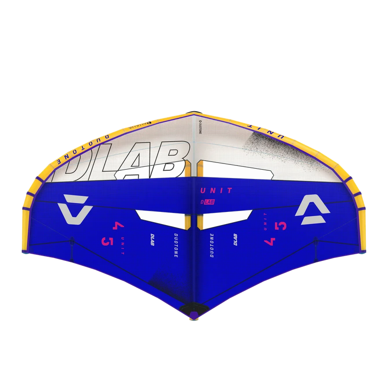Asa de wing Duotone Unit D/LAB azul e amarela, destaque para esportes aquáticos Orca Sports