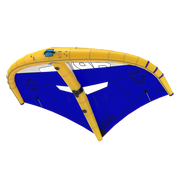 Wing foil esportivo azul e amarelo, equipamento de kitesurf disponível na Orca Sports