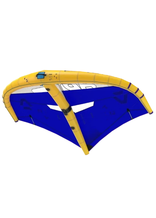 Wing foil esportivo azul e amarelo, equipamento de kitesurf disponível na Orca Sports