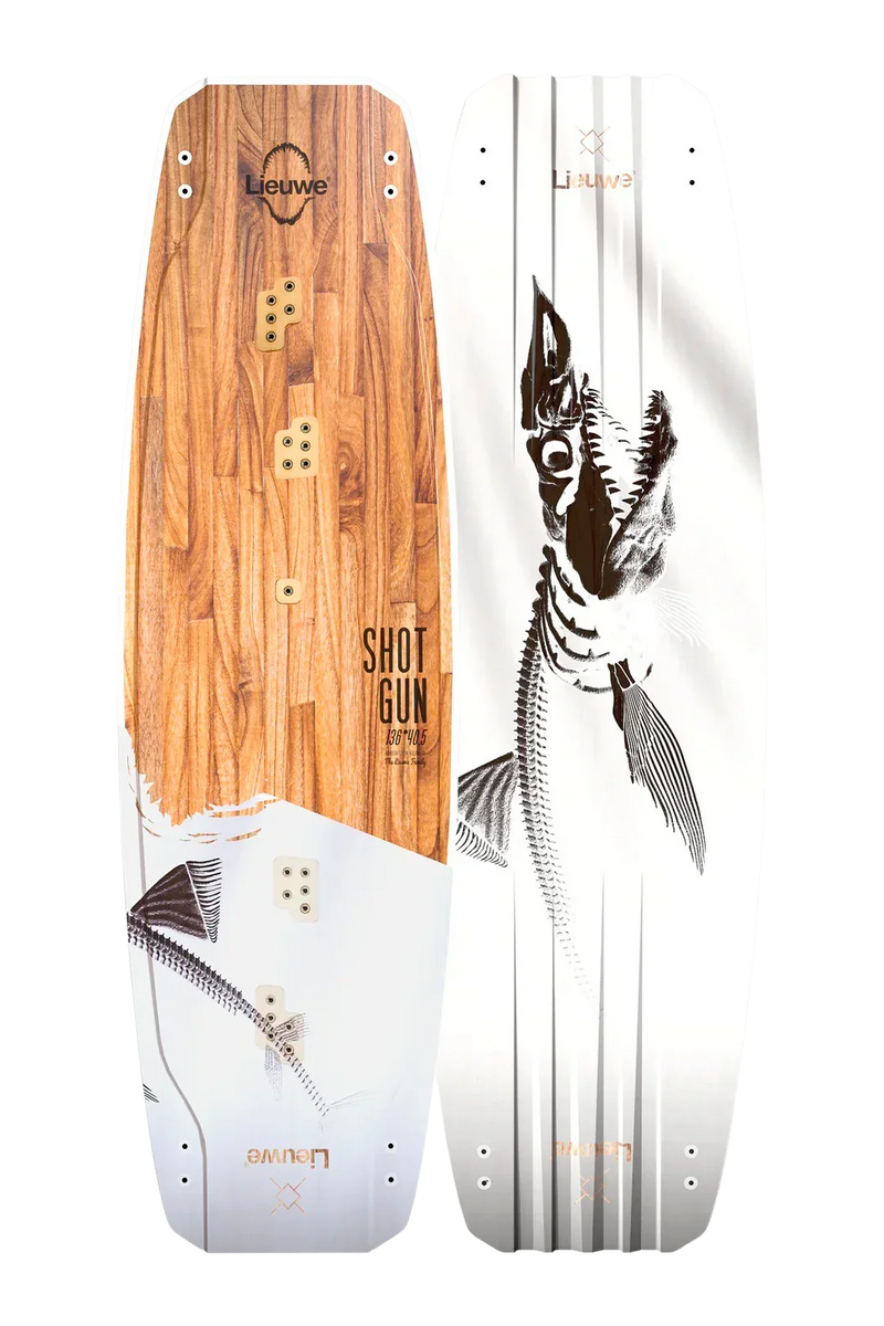 Prancha de kitesurf LIEUWE Shotgun com estampa de madeira e arte de tubarão, vendida na Orca Sports.