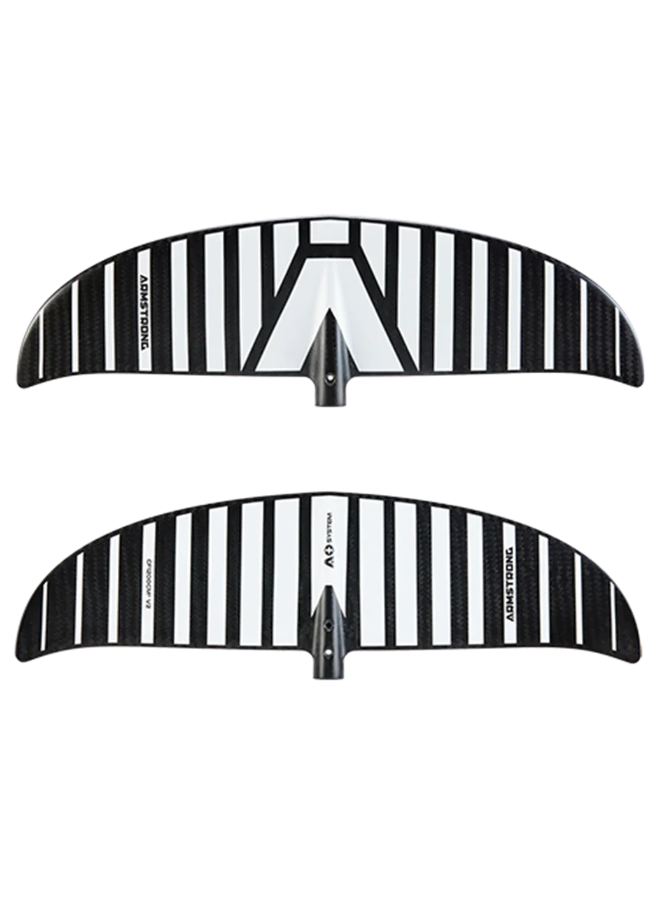 Asa para wingfoil Armstrong CF1200 preta e branca, vista superior e inferior, Orca Sports