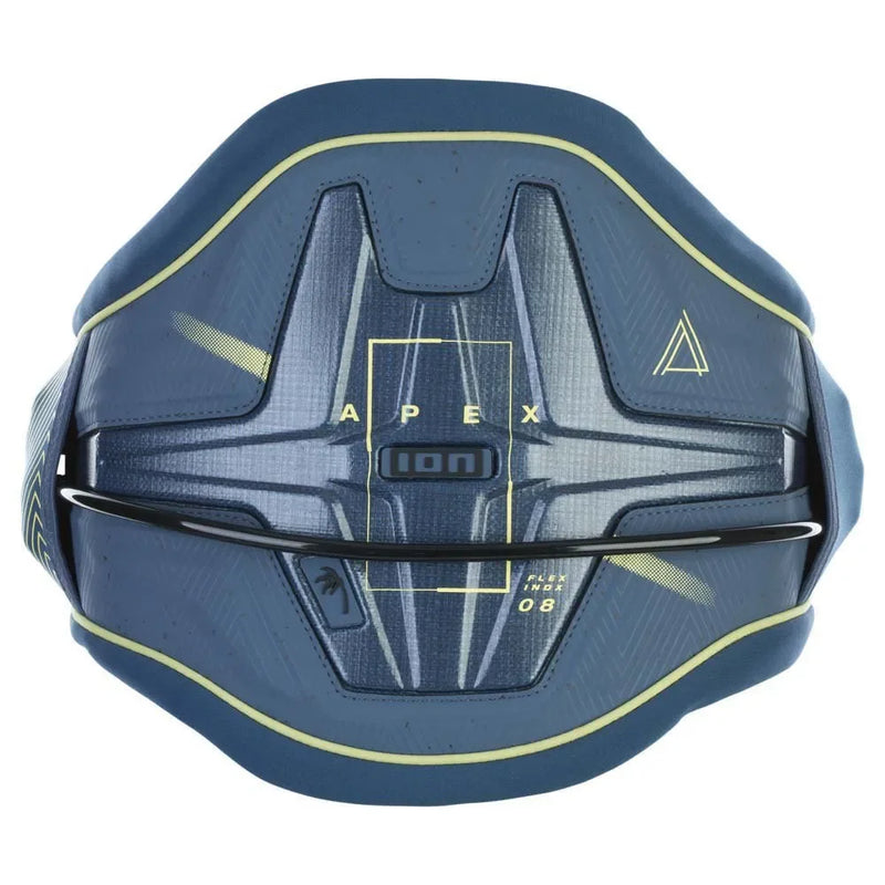 Cinturão de kitesurf ION Apex azul com detalhes amarelos, equipamento Orca Sports