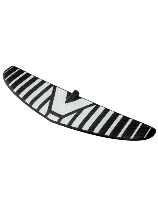Asa dianteira de foil carbono para wing foil Orca Sports, com listras brancas e pretas.