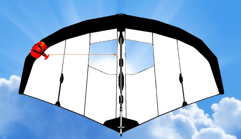 Asa de wing foil Duotone com acessório Skymount destacada, céu azul ao fundo, Orca Sports