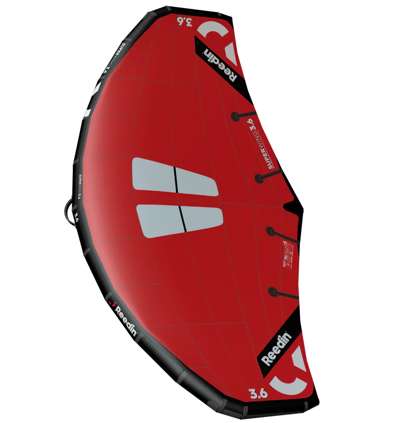 Asa wing vermelha Reedin 3.6 para kitesurf ou wingfoil, vista superior, em fundo preto.