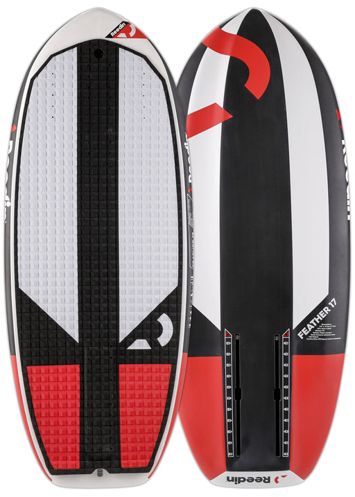 Prancha de kitesurf Reedin Feather 17 preta, branca e vermelha, vista superior e inferior, Orca Sports